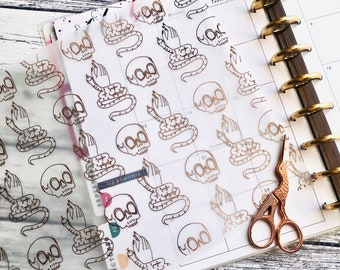 Skull, Snake, Mystic Symbols, sacred geometry, Crystals Foiled Acetate, Vellum, Printed white,