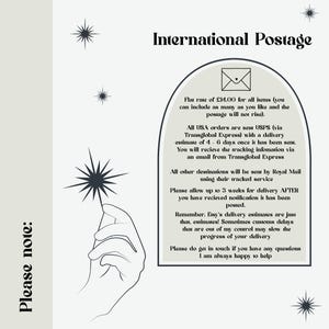May include: An informational graphic with the title "International Postage" in a decorative font. The text provides details on shipping rates, delivery times, and tracking information for international orders. A hand holding a starburst is on the left.
