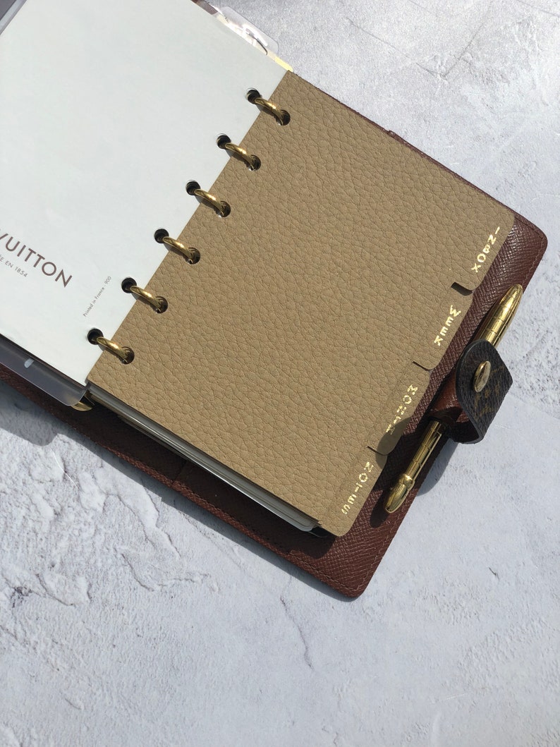 May include: A brown leather bound planner with gold rings and tabs. The tabs are labeled with the months of the year: Jun-Jul, Aug, Sep, Oct, Nov, Dec, Jan, Feb, Mar, Apr, May, and Jun. The planner has the Louis Vuitton logo on the front cover.