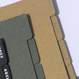 May include: Three sets of dividers for a planner or notebook. The dividers are made of textured faux leather. The top set is beige with the words "TODAY", "WEEK", "MONTH", and "NOTES". The middle set is gray with the words "INBOX" and "AGENDA". The bottom set is white.