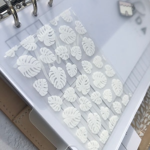 May include: A clear plastic pocket with a white tropical leaf pattern. The pocket is designed to be used in a binder or planner.