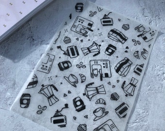 Coffee Print Vellum or Acetate Sheet: Foiled Planner Scrapbook Embellishment