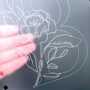 May include: A white outline of a flower with leaves on a gray background. The flower is a peony with a large center and many petals. The leaves are long and narrow.