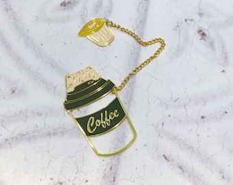 Coffee Cat Bookmark – Metal Page Marker, Milk Pod Charm