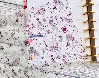 Potions, Skull, Tarot, Mystic Symbols, sacred geometry, Crystals Foiled Acetate, Vellum, Printed white,