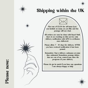 May include: A light beige graphic with the text "Shipping within the UK" and a hand holding a starburst. The text provides shipping information, including delivery times and postal service details.
