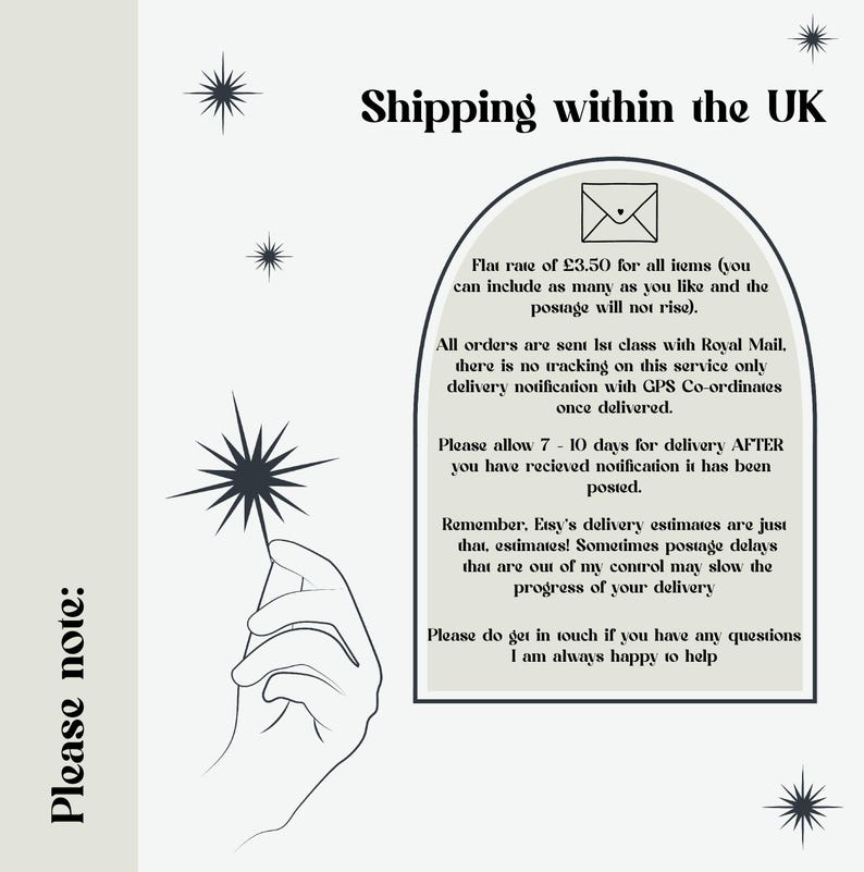 May include: A light beige graphic with the text "Shipping within the UK" and a hand holding a starburst. The text provides shipping information, including delivery times and postal service details.