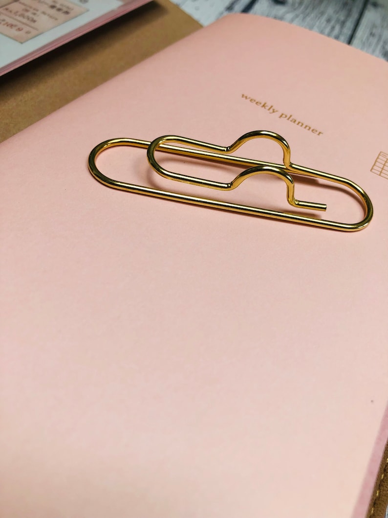 May include: A gold metal paper clip on a pink weekly planner.