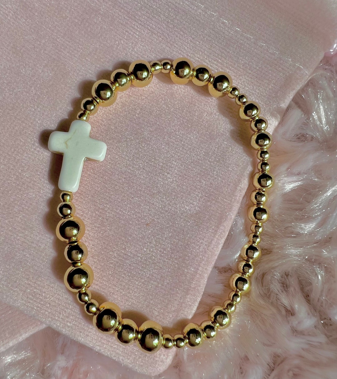14k GF Gold Beaded Stretch Cross Bracelet Worry Free Water Etsy