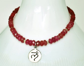 Real Pink RUBY Gemston Bead Stretch Bracelet w/ Double-Sided Sterling Silver Charm and Beads! Lotus Spine Kidney Blood Support Jewelry Gift!