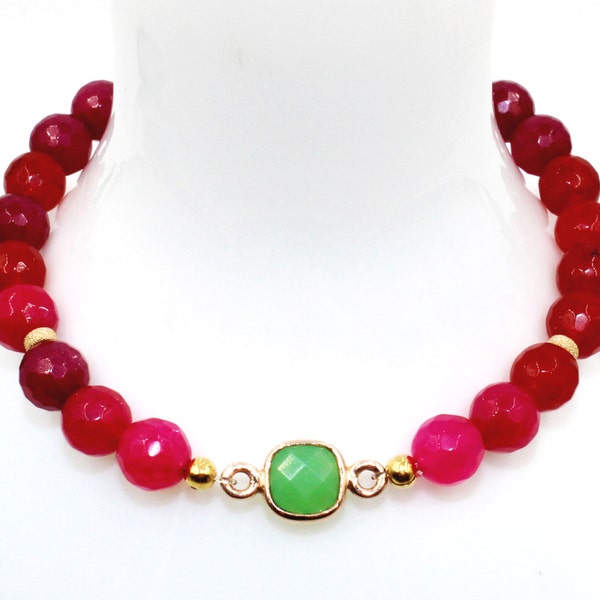 Berry Red Agate & GARNET, Green CHRYSOPHASE, Strawberry LEPIDOCROCITE Pink Red Ombre Fuchsia, 14k Gold Vermeil Stretch Bracelet! Root Chakra