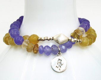 Set of 2: MARATHON Runner 26.2 Periwinkle Purple Lilac JADE Agate Stretch Bracelet & Yellow AGATE w/ Luxe Sterling Silver Diamond Bead Set!