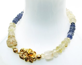 GOLD Rutilated, Periwinkle IOLITE Water Sapphire Stretch Bracelet w/14k Gold ROSE Charm Ombre Alexandrite Purple  Gemstone Gift