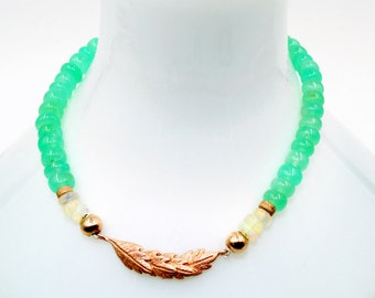 Welo Ethiopian Fire OPAL & Seafoam Green JADE (Teal Sea-Glass) Gemstone w/ 14k Rose Gold Vermeil LEAVES Feather Stretch Bracelet! Boho Aqua