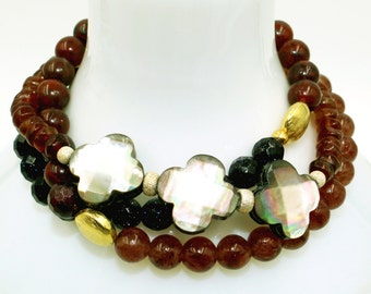 Set of 2: Red JASPER, Strawberry Quartz, Navy Goldstone Wrap Stretch Bracelet 14k Vermeil Beads & Ombre Orange GARNET Mother of PEARL Clover