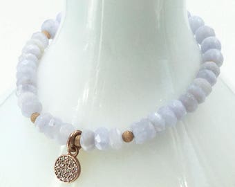 Pave ROSE Gold Coin Charm & Icy Sky Blue LACE Agate Gemstone Bead Stretch Bracelet! Gemini Pisces Birthday Boho Gift! Pink Gold and Blue CZ