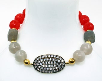 14k Gold PAVE Oval Connector with White & Grey MOONSTONE and Cherry Red JADE Gemstone Stretch Bracelet! Cz Diamond Charm Gift