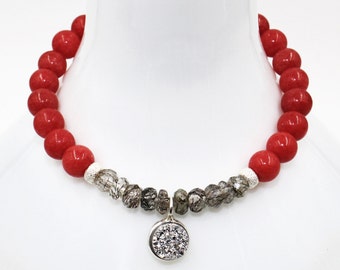 Silver DRUZY Charm, Watermelon Coral JADE (Deep-Pink Blush ) & RUTILATED Black Grey Quartz Gemstone Stretch Bracelet, Sterling Silver Beads!