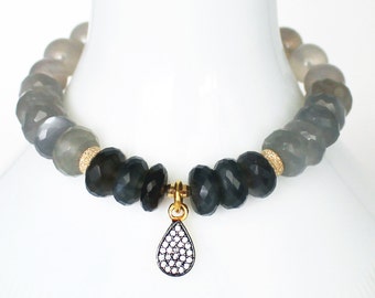 Grey & Black Pearl MOONSTONE Beads with 14k Gold Vermeil Tear Cz Diamond PAVE Charm Gemstone Stretch Bracelet! Ombre June Gift Pregnancy