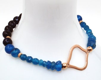 Indigo Royal Blue KYANITE, Aqua Teal APATITE, Navy Agate and Goldstone Gemstone Beads w/ 14k ROSE Gold Moroccan Ombre Boho Stretch Bracelet!