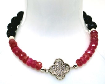 Pink RUBY & Midnight Navy Blue GOLDSTONE Stretch Bracelet w/ Sterling Silver CLOVER Quatrefoil Pave Charm and Beads! Chakra Birthstone Gift!