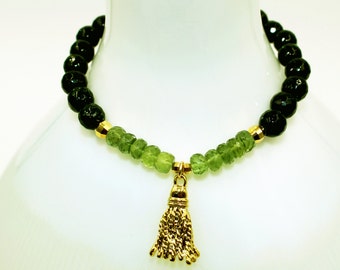 14k Gold Vermeil TASSEL w/ Ombre Green Peridot and Deep Green GoldStone Gemstone Stretch Bracelet & Beads! Emerald Forest Chromium