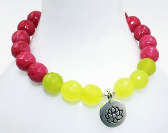 Spring Green & Camellia Pink JADE w/ Lime PERIDOT  Bead Stretch Bracelet w/ a Sterling Silver LOTUS Charm! Gemstone Boho Yoga Jewelry Gift!