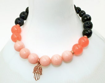 Blush & Peach Coral JADE, Navy Blue Sparkling Goldstone Gemstone Bead Stretch Bracelet w/ 14k ROSE Gold Vermeil HAMSA Charm! Boho Ombre Gift