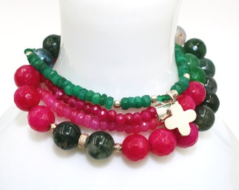 Set of 3: Chrome TOURMALINE, Moss & Fuchsia AGATE, Emerald ONYX, Sterling Silver Bead and Clover Quartefoil Cross Stretch Bracelet Gift Set!