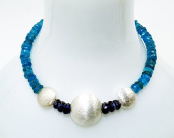 Bright Royal Blue KYANITE & Aqua Teal APATITE Gemstone Beads w/ Sterling SILVER Circle Bead Stretch Bracelet! Throat Third Eye Chakra Gifts!