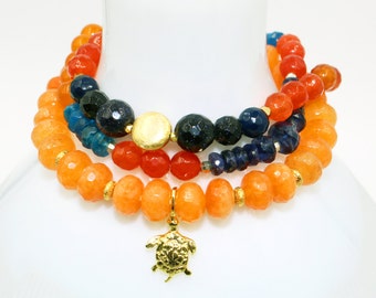 Set of 3: Violet Blue KYANITE, Purple IOLITE, Orange Jade, Sunset TOPAZ, Carnelian Stretch Bracelet w/ 14k Gold Vermeil Turtle & Bead Gift!