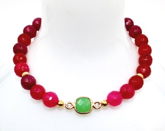 Berry Red Agate & GARNET, Green CHRYSOPHASE, Strawberry LEPIDOCROCITE Pink Red Ombre Fuchsia, 14k Gold Vermeil Stretch Bracelet! Root Chakra