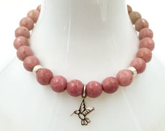 Natural Rosy Blush RHODONITE Stone Bead w/ Sterling Silver HUMMINGBIRD Charm Stretch Bracelet! Modern Boho Zen Yoga Jewelry Nude Coral Pink