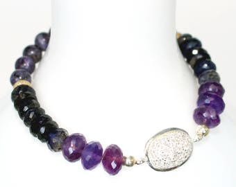 Violet Ombre of Periwinkle IOLITE, Purple AMETHYST & Lilac JASPER Gemstone Bead Stretch Bracelet w/Sterling Silver Pave Charm! Jewelry Gifts