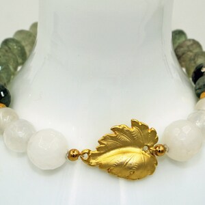 Rich Moss AGATE, White JADE &/ 14k Gold Vermeil LEAF Charm Stretch Gemstone Bracelet! May Birthstone! Modern, Green Nature Birthday Gifts