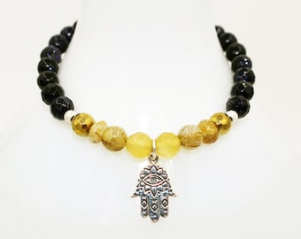 GOLD Rutilated Quartz, Flashing Deep Blue GOLDSTONE, 14K Hematite Bead Stretch Bracelet w/ Sterling Silver Hamsa Charm! Zen Lucky Yoga Boho