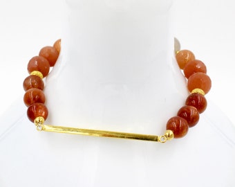 Orange Blush SUNSTONE Peach Stretch Bracelet w/ Pearly Gray MOONSTONE and 14k Gold Vermeil Bar & Beads! Boho Ombre Sunset Stretch Bracelet!