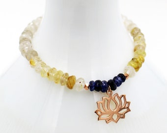 GOLD Rutilated Quartz & Deep Blue KYANITE Gemstone Stretch Bracelet w/14k Rose Gold Vermeil LOTUS Charm! Zen Lucky Gift Jewelry Periwinkle!