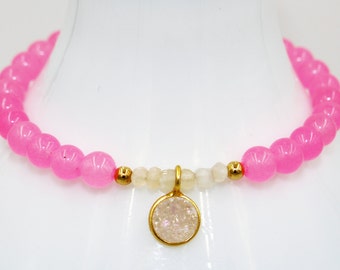 Iridescent Pink DRUZY, Hot Pink JADE & Rainbow White MOONSTONE w/ 14K Gold Vermeil Charms Beads Stretch Bracelet Birthday Gift Birthstone