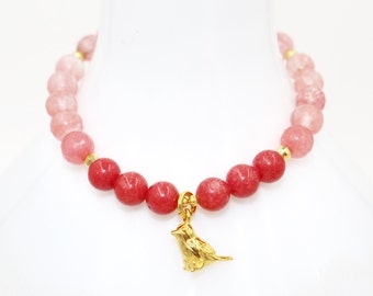 CORAL & Cherry and ROSE Quartz  Quartz w/ 14k Gold Vermeil BIRD Charm and Beads Gemstone Stretch Bracelet! Pink Ombre Zen Yoga Modern Gift