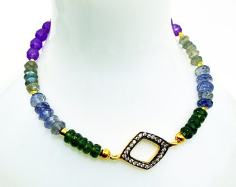 Green APATITE, Violet Periwinkle IOLITE, Flash Labradorite, Purple Jade w/ 14k Gold Vermeil PAVE Diamond-Shaped Gemstone Stretch Bracelet!