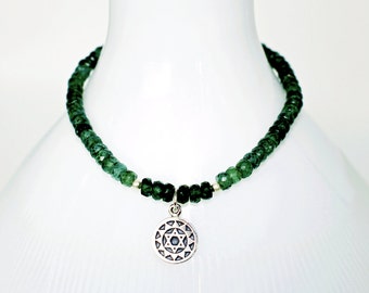 HEART CHAKRA Rare Emerald Green APATITE Gemstone Stretch Bracelet w/ Double-Sided Charm Sterling Silver Boho Zen Gift!