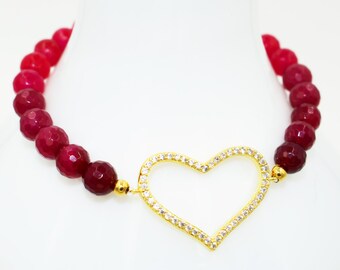OMBRE Pink & Red AGATE Bead Stretch Bracelet w/ 14k Gold Vermeil HEART Charm! Valentines Day Gift Love February Fuchsia Vday Sweetheart