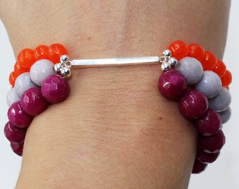Deep Orange, Slate Grey, & Maroon Garnet Burgundy JADE Bead TRIPLE Stretch Bracelet w/ Sterling SILVER Bar! Statement Gift Neon Burnt Orange
