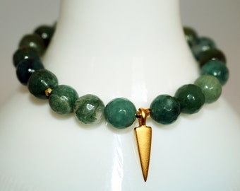 Deep Moss AGATE w/ 14k Gold Vermeil SPIKE Charm Stretch Gemstone BRACELET! May Birthstone! Modern, Natural Bracelets & Birthday Gifts