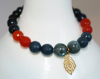 Mystic Blue KYANITE, Deep Orange CARNELIAN, & Sparkling Blue SUNSTONE Stretch Bracelet w/ 24k Gold Plated Sterling Silver Feather Charm!
