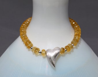 GEMSTONE Yellow CITRINE Stretch Bracelet w/ Brushed Sterling Silver HEART! Wonderful Birthday Gift! Precious Faceted Stone Stacking Jewelry!