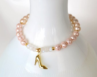 Gold PUMP High Heel Shoe w/ Rainbow MOONSTONE & Blush Pink Faceted, Peach Ivory PEARL Bead Stretch Bracelet! 14k Vermeil Girly Charm Goddess