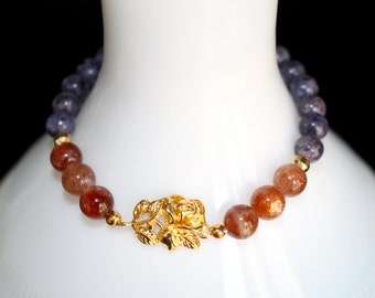 Purple Sesame JASPER, Peach SUNSTONE Gemstone w/ 14k Gold Vermeil ROSE Stretch Bracelet! Periwinkle Violet Orange Tangerine Ombre Boho Gift!