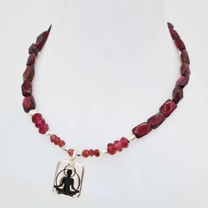 Rich Burgandy GARNET Gemstone Bead Stretch Bracelet w/ Sterling SILVER Buddha Zen Charm! Yoga Statement Stacking Bracelets Fashion Jewelry!